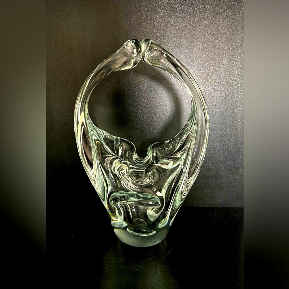 Vintage Handblown Murano Style Art Glass Split Handle Candy Basket 7.5"